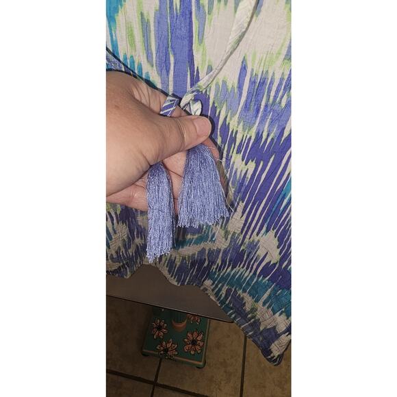 Ruby Rd Boho Tunic Top M – Blue Purple Ikat Print 3/4 Sleeve Tassel Blouse - Picture 3 of 4